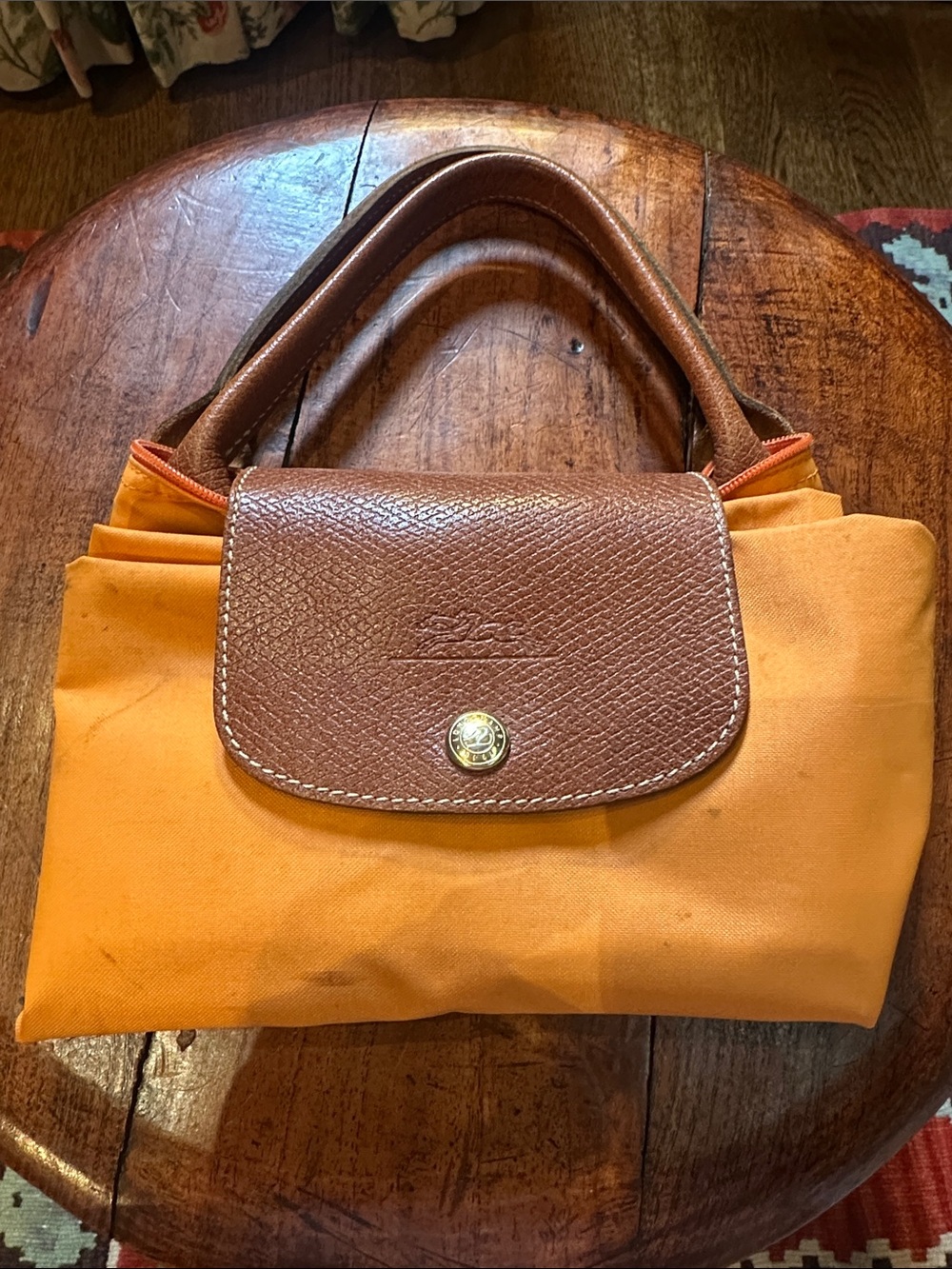Longchamp Orange Tote with Brown Leather Trim